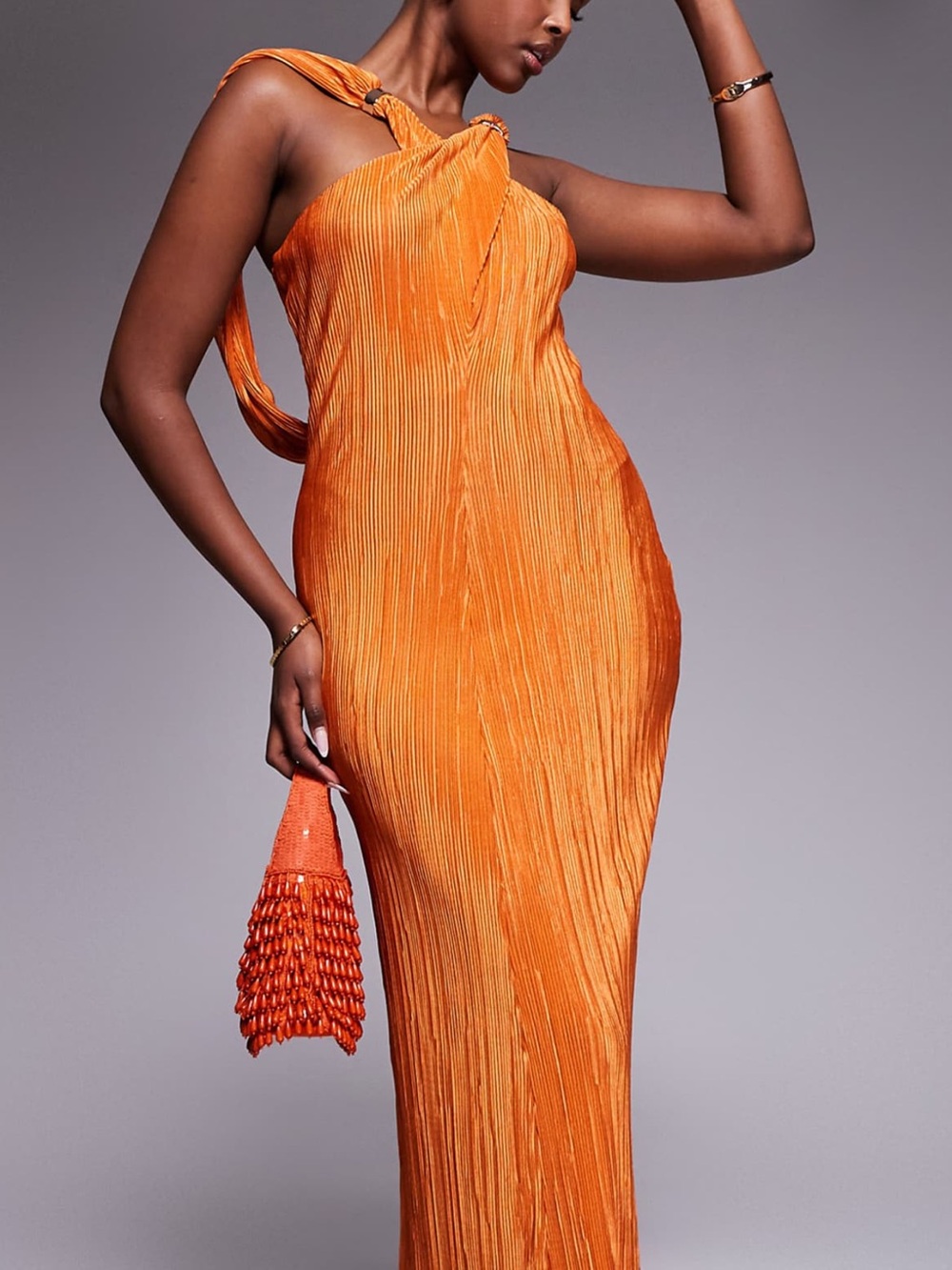 NWT ASOS Orange Halter Pleated Maxi Dress - Picture 4 of 11